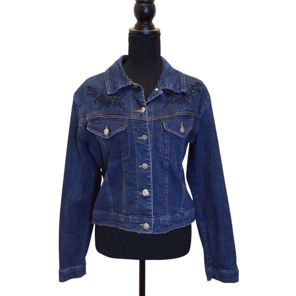 Vintage Andre Sauvage Denim Jacket Size 12 Blue Embroidered Button Front